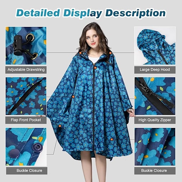 Naisten sadetakki, pitkä sadeponcho, vedenpitävä sadetakki, tuulitakki, sadetakki, sadesuojavaatteet läppätaskulla Navy blue