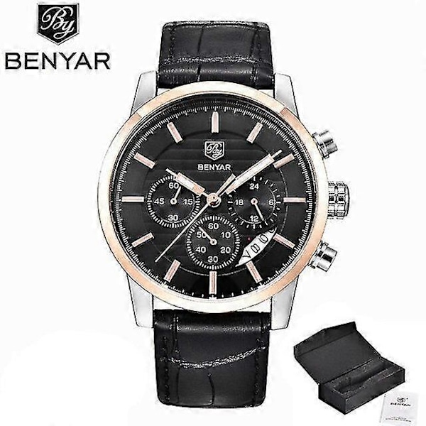 Benyar Design 2022 Nye Top Mode Sports Quartz Herreure Multifunktionelt Vandtæt Premium Læder Kalenderur Relogio BlackGold
