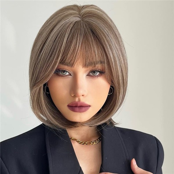 Brun blandad vit bob-peruk med lugg, 30 cm brun highlight-peruk för kvinnor kort rak peruk brun syntetisk peruk för daglig fest