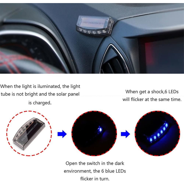 6 led varningsljus för billarm med sol- och USB driven, stöldskyddande blått blinkande ljus Inbyggd vibrationssensor Blinkande svart ljus Alternativ
