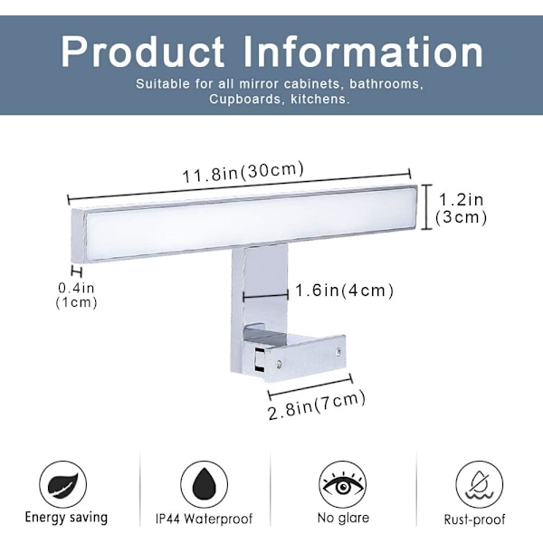 LED speillys speil med belysning 5W 30 CM baderomslampe for speilskap bad 6000K nøytral hvit baderomslampe speillampe