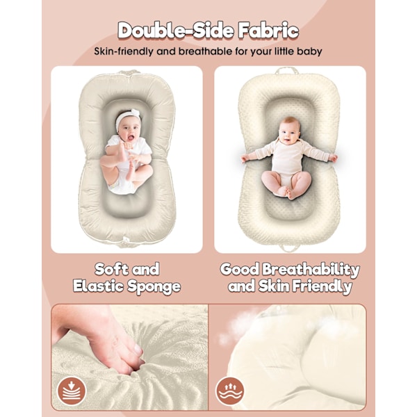 Baby Lounger - 3-i-1 Babynest för Nyfödda 0-24 Månader, Andningsbar & Mjuk Baby Nest Säng för Bebis, Portabelt Babynest för Hemma och Resor Beige