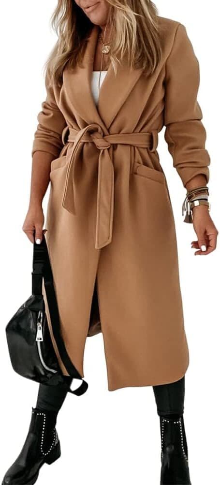 Women's Coat Collar Open Front Belted Long Jacket Khaki khaki L