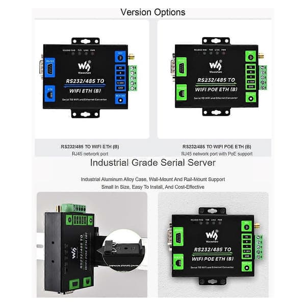 Waveshare RS232/485 til WiFi og Ethernet, seriell serverkonverter Black