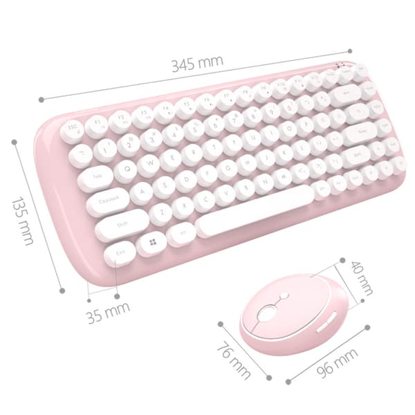 Wireless 2.4 GHz Cute Keyboard and Mouse Combo, Retro Round Keycaps, Layout, Pastel Pink