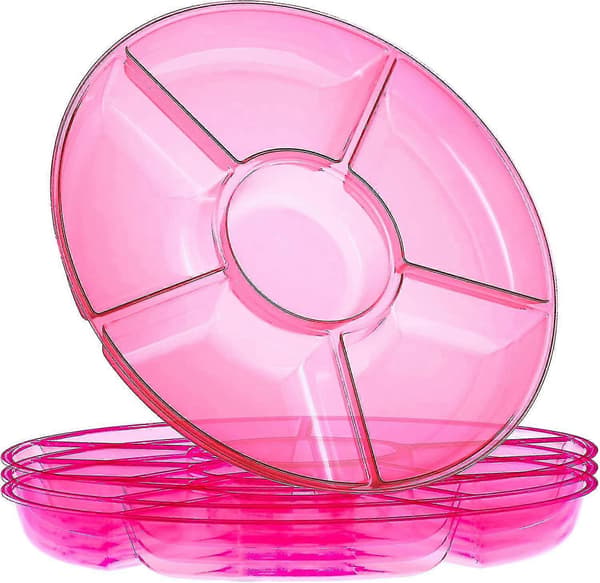 Plasticpro 6-delt rund serveringsbrett/fat i plast, rosa, pakke med 2