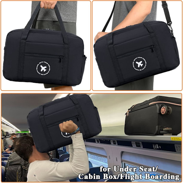 2-pak kabinekuffert 40x20x25 Rejsetaske Foldbar Under sæde Vandafvisende Weekendtaske Let Håndbagage med Skulderrem, Sort + Grå