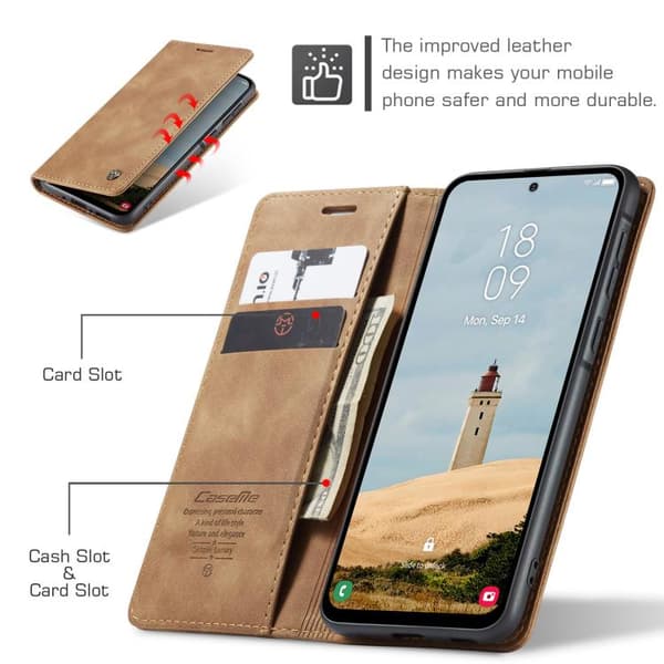 Samsung Galaxy A56 Deksel CaseMe 013 Multifunksjonell Horisontal Flip Lær Brun