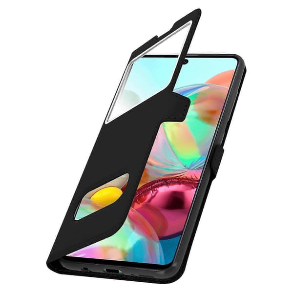 Galaxy A71 Etui Dobbelt Vindue Video Stand Blå Black
