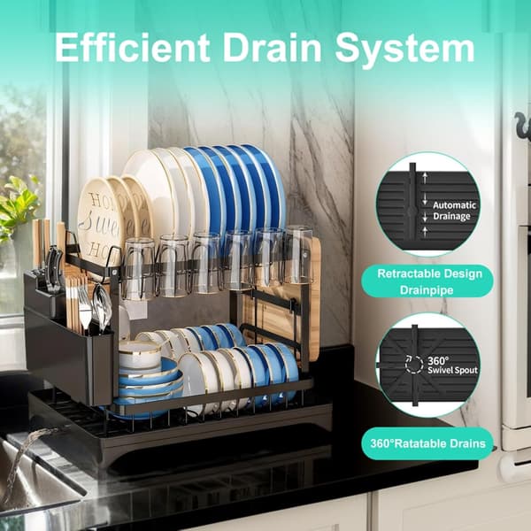 Dish Drying Rack for Kitchen Counter, Double Layer, with Drain Board and Cutlery Holder, Large Capacity Storage Rack, (Black) Black