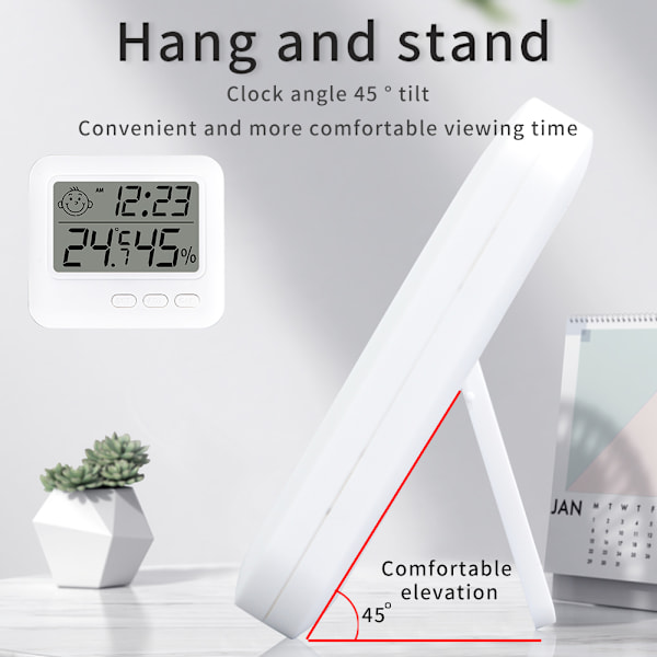 Smiling Fa Temperatur- og Fugtighedsmåler Indendørs Husholdningsvejrstation LCD Digitalt Termometer Hygrometer Med Vækkeur White