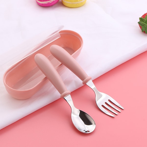 2 st Set Bärbara Barnbestick för Barn Rostfritt Stål Småbarns Servis Söt Spädbarns Matningssked Gaffel Pink