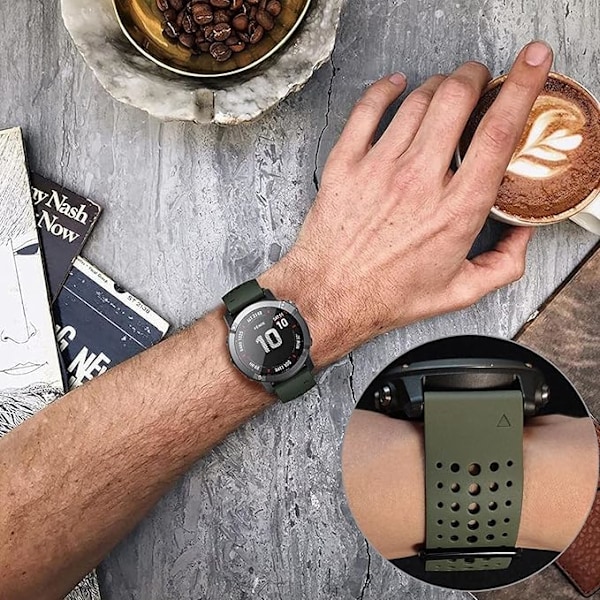 Quickfit 26mm Silikon Mjuk Sport Vattentät Andningsbart Armband Kompatibelt med Garmin Fenix 5X Plus, Fenix 6X Pro/Sapphire, Enduro, Tactix Bravo grönaktig svart
