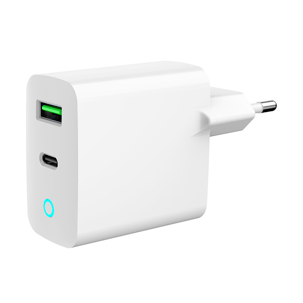 USB-laturi LED-valolla, jossa on USB QC3.0 ja USB-C PD - Valkoi Valkoinen