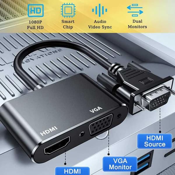 2-i-1 VGA til HDMI-adapter splitter til to skærme