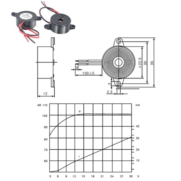 Sound Buzzer SFM-20B 95dB med piezoelektrisk teknik