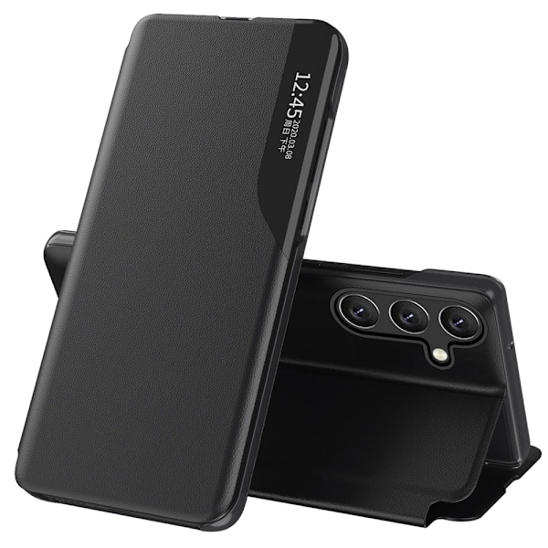Keinonahkainen kotelo jalustalla Samsung Galaxy S25 - Svartille