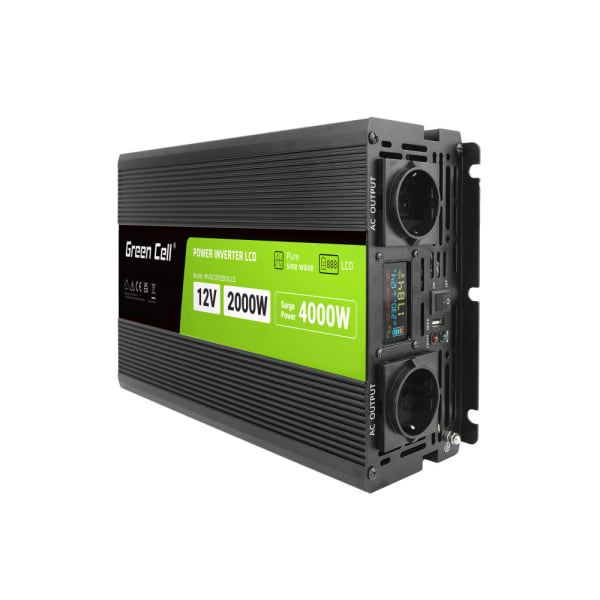 Green Cell LCD spændingsomformer 12V 2000W/4000W ren sinus med