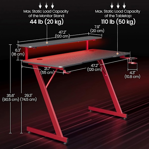 Spillebord med LED-belysning 120x55x90,5cm - Rød/Sort