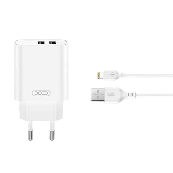 XO Seinälaturi 2xUSB 2.4A + USB-Lightning-kaapeli - Valkoinen