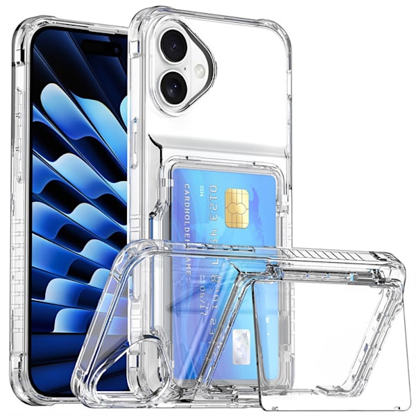 Takakuori korttipaikalla ja jalustalla iPhone 16 Plus -puhelime