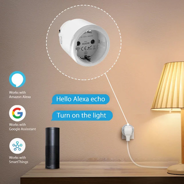 Smart plug med Zigbee, energimåling og stemmestyring, 16A, komp