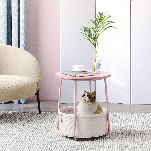 Runt Sängbord med förvaringskorg - Rosa/Vit