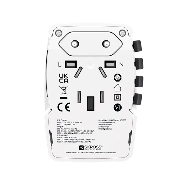 Skross World rejseadapter med 65W USB + USB-C
