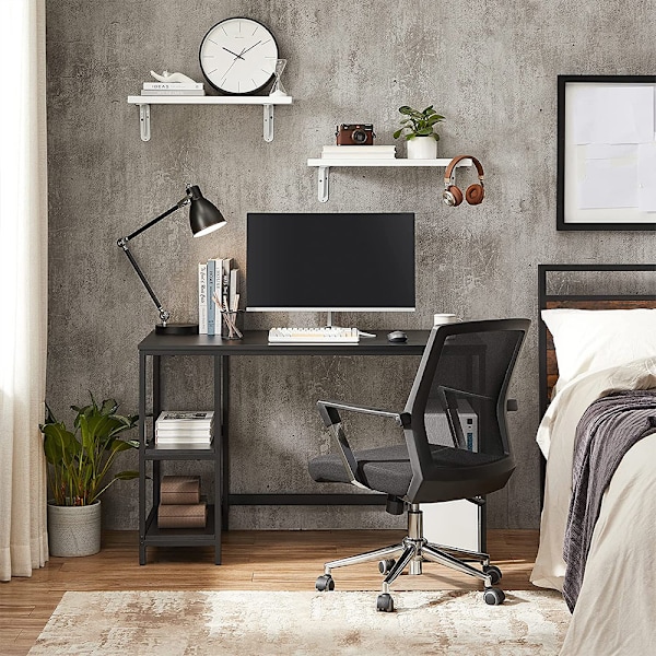 Sort skrivebord med hylder og metalramme - 120 x 60 x 76 cm