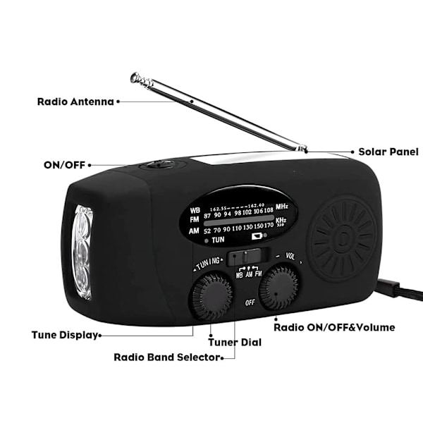 Hätäradio dynamolla ja aurinkokennolla - kampiradio, jossa on t