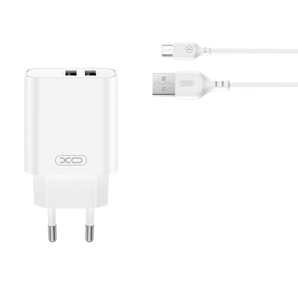 XO Seinälaturi 2xUSB 2.4A + USB-MicroUSB-kaapeli - Valkoinen