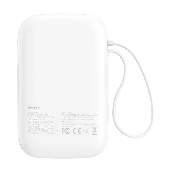 Baseus QPow 2 Powerbank 30W 10000mAh USB-C-kaapeleilla - Valkoi