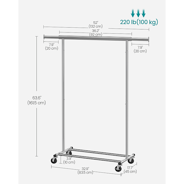 Vaateteline – 90 kg kantavuus, säädettävä ripustustanko, lukitt