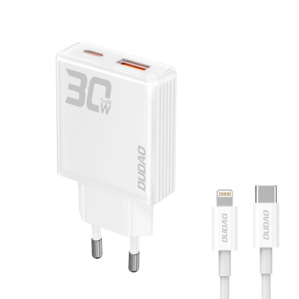 Dudao GaN USB-Laddare 30W med 1xUSB, 1xUSB-C och USB-C till Lig