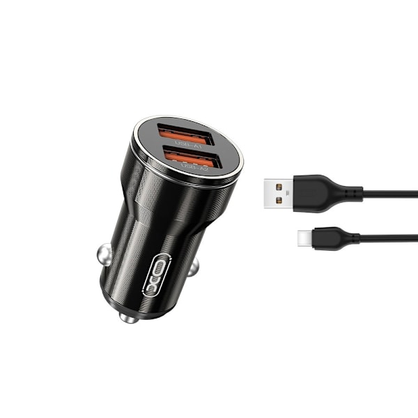 XO billaddare med 2x USB 2,4A & USB-C kabel - svart