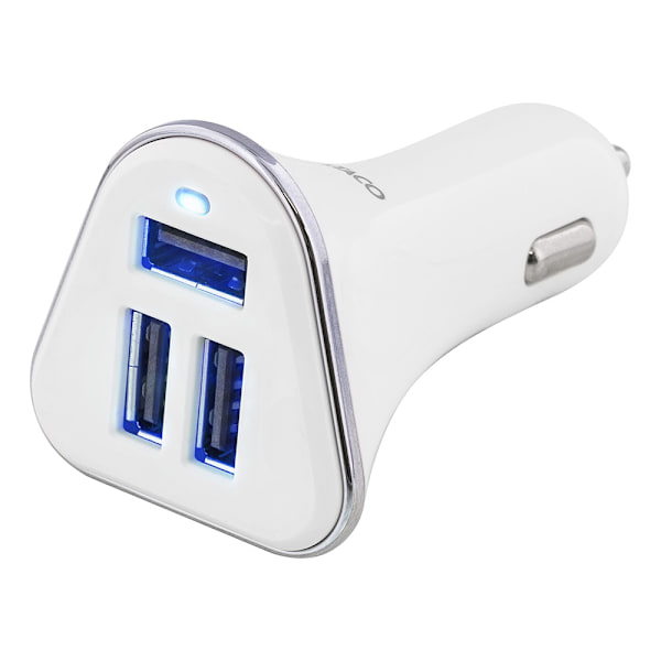 Deltaco Billaddare med 3xUSB 5,2A Sølv, Hvid