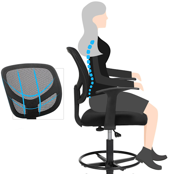 Ergonomisk kontorstol med armlæn og fodstøtte - Sort