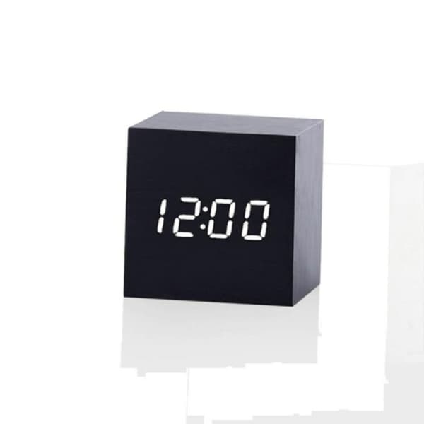 Vækkeur i træ med LED-display - Sort / Hvid