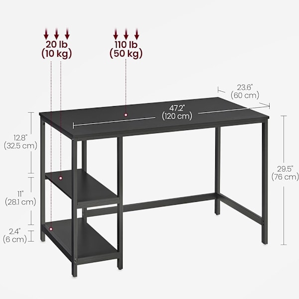 Sort skrivebord med hylder og metalramme - 120 x 60 x 76 cm
