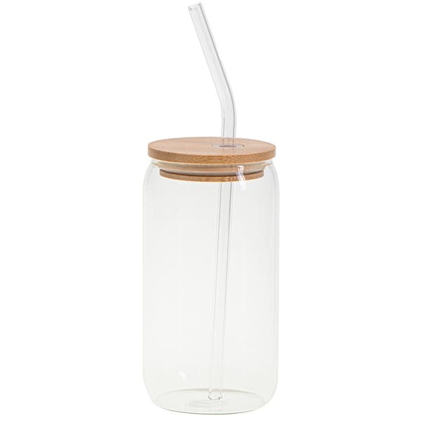 Glasmugg 460 ml med bambulock och sugrör – för kalla & varma dr