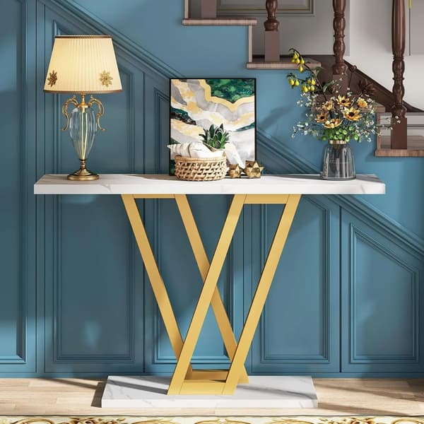 Konsolbord i guld och vit marmorlook 110x30cm / smalt avlastnin