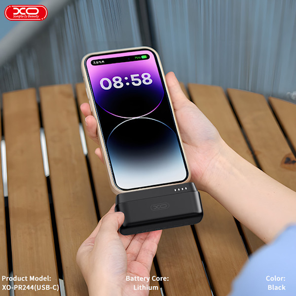 XO Mini Powerbank 20W 5000 mAh med USB-C-stik - Svart