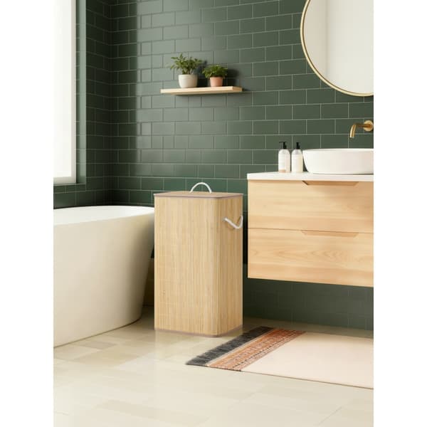 Hopfällbar tvättkorg i bambu med lock 90L - Natur / Rektangulär