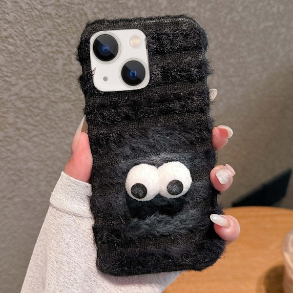 Fluffy Baking Shell til iPhone 14 - Googly Eyes / Sort