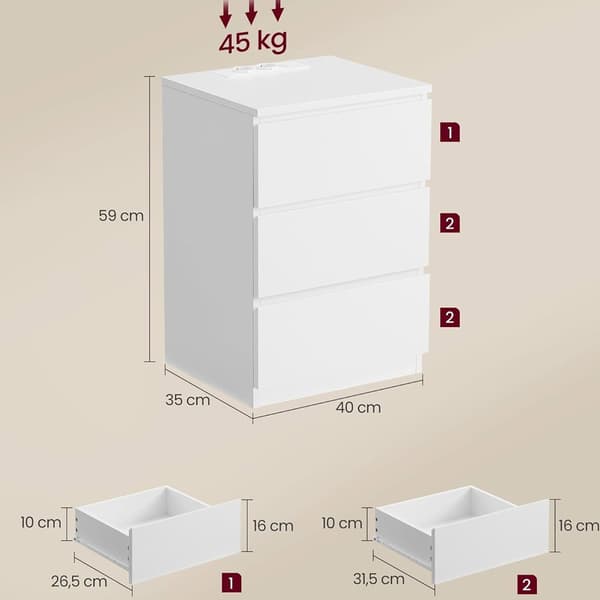 Yöpöytä, jossa 3 laatikkoa, virta- ja USB-pistorasia 2-pack - V