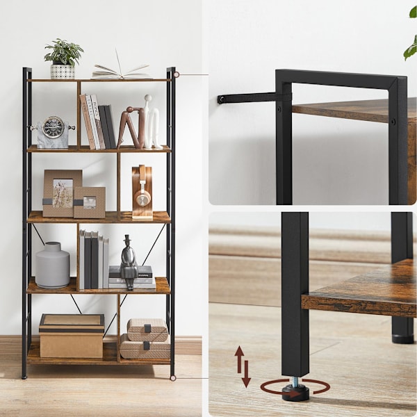 Bogreol i industriel stil med 5 hylder - Rustik brun / svart