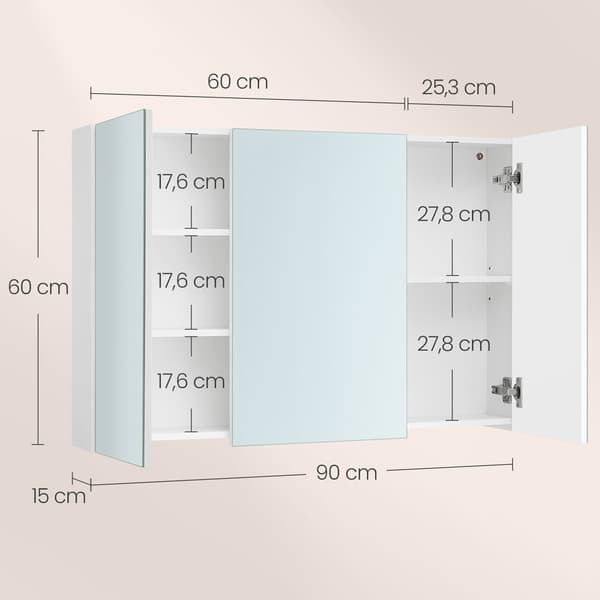 Badeværelsesskab med spejl 90x60 cm / spejlskab med 3 døre / væ