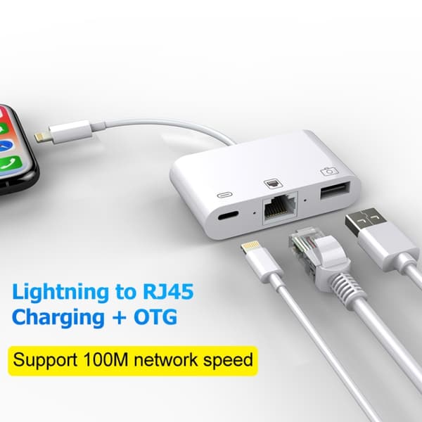 Moniporttisovitin iPhone ja iPadin Lightning Ethernetiin, USB:h
