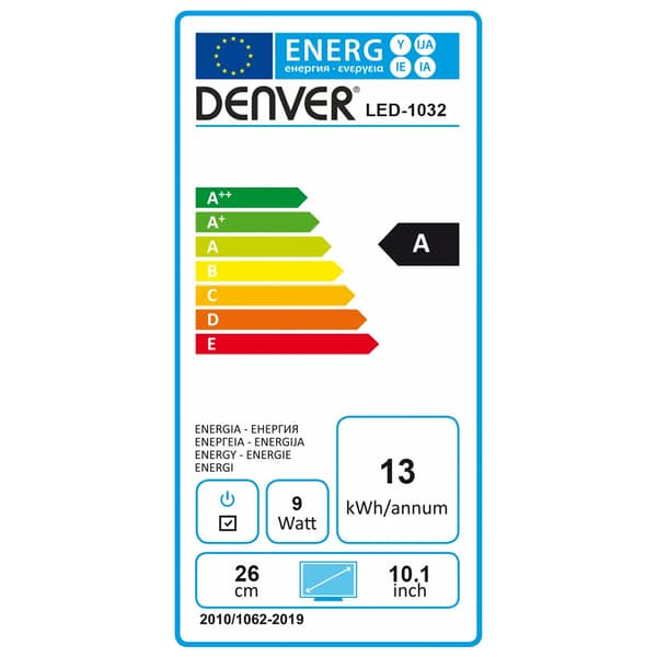 Denver 10,1" digitalt LED-tv med DVB-T2 og 12 V-adapter / batte