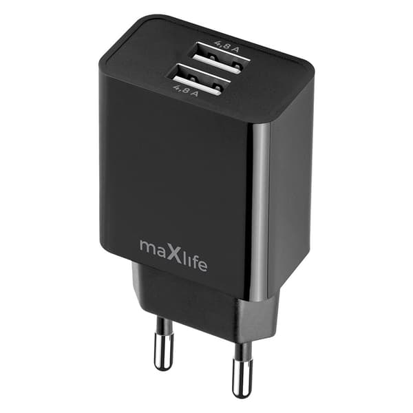 Maxlife Vægoplader med 2xUSB 4.8A - Svart